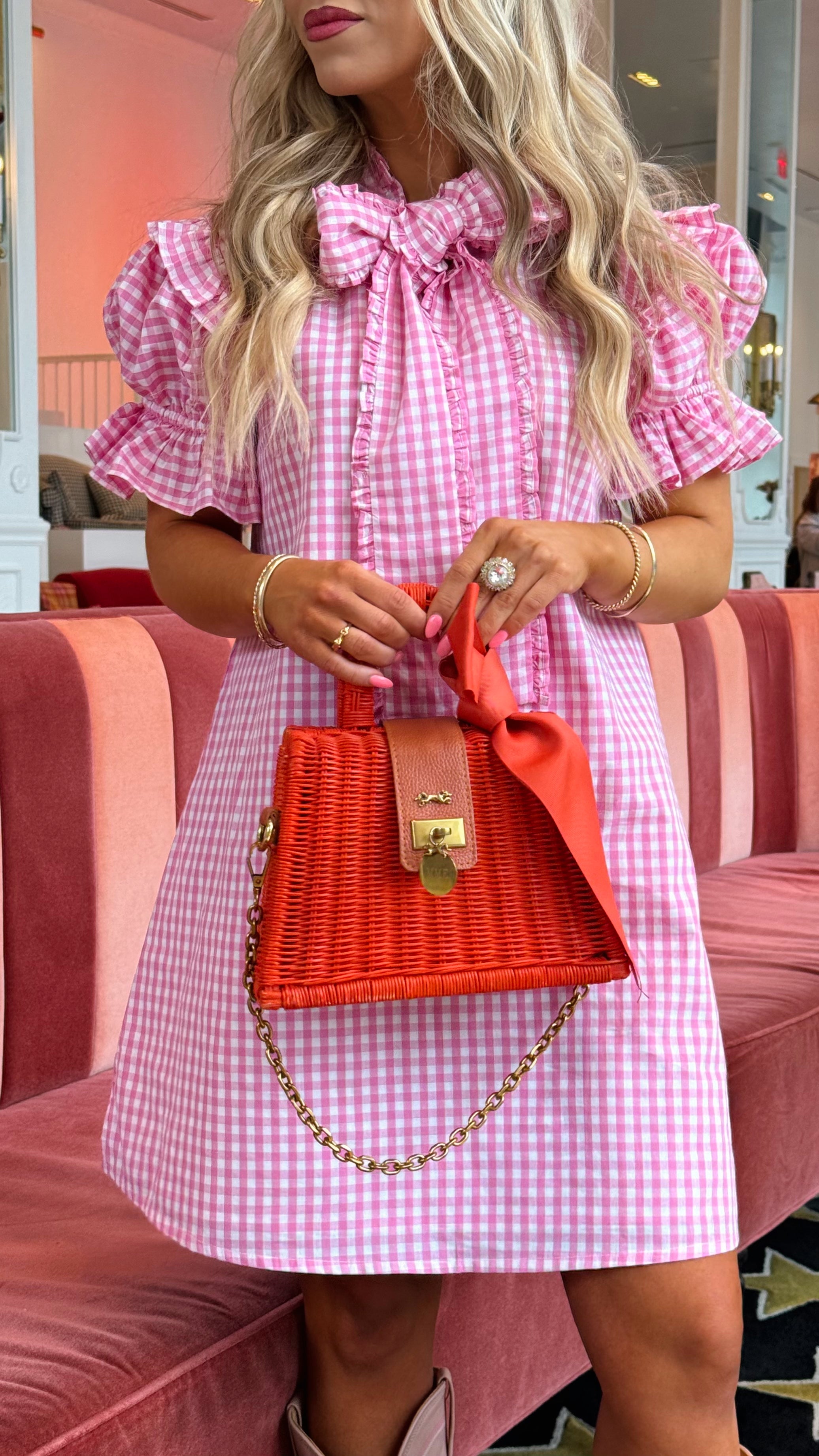 eliza j pink gingham dress Josie shift dress in hot pink gingham Elizabeth Wilson Designs