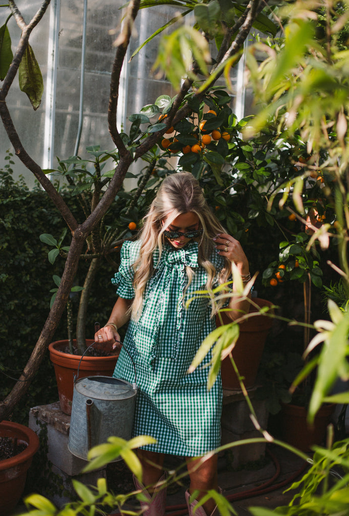green emerald velvet dress Addison Khaki Gingham Seersucker Midi Dress – Finery London main image 1